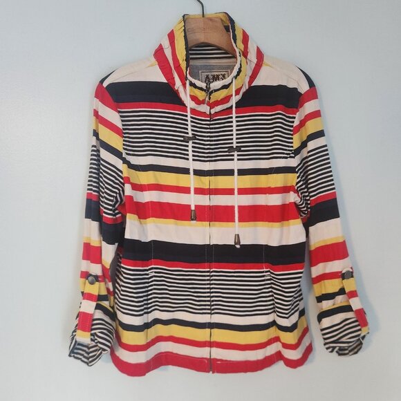 AMX Originals Jacket Striped Nautical Boat Style Pockets Roll Tab Womens Large - Picture 2 of 5